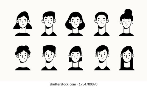 Heads And Necks Of Boys And Girls. Various Haircuts. Young Men And Women. Black And White People Avatars. Hand Drawn Set Of Vector Icons. Cartoon Style, Flat Design. All Elements Are Isolated