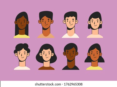 Heads and necks and shoulders. Various haircuts. Young men and women. Colorful characters. People avatars. Hand drawn set of Vector Icons. Cartoon style, flat design. All elements are isolated