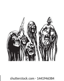 Heads on spears. Horror scene Graphic sketch. Halloween design elements