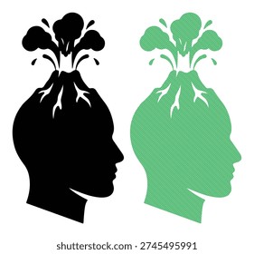 Heads, one solid black and other striped green, symbolizing stress, anger, and outburst