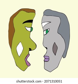 Heads of pair with open and close mouths, flat style