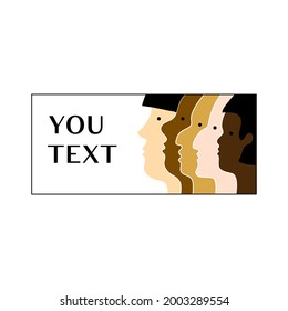 Heads of people of different nationalities. The faces look forward. Vector line drawing. Space for the text. Business card, poster, advertisement. Color isolated drawing on a white background.