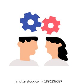 Heads of people and gears above them. Cooperation concept. Illustration on white background. 