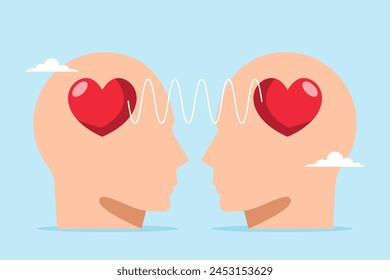 Heads of people with hearts sharing feelings illustrating empathy, sympathy, caring, willingness to support others emotionally. Concept of understanding, kindness, and social support