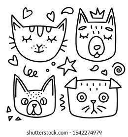 heads of pets cats and dogs. doodle illustration. drawn by hand. line drawing