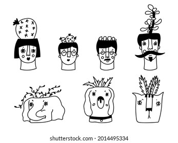 Heads of planters for flowers. Pots in the shape of people's heads, the muzzle of a dog, a cat, an elephant. Interior decoration. Doodle style. Design elements. Linear vector drawing.