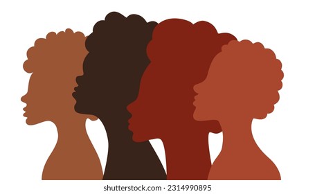 Heads in profile of black Africans men and women. Black history month. Identity concept, racial equality and justice. Racism, discrimination. Poster, greeting card, banner. Vector Illustration