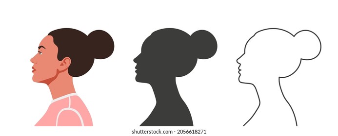 Heads in profile. Woman's face from the side. Silhouettes of people in three different styles. Face profile. Vector illustration.
