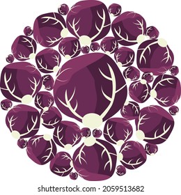 Heads of purple cabbage in circle. Vector flat design template. Background of food, farm, gardening or horticulture.