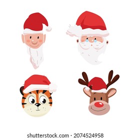 
Heads of Santa Claus, tiger, deer, gnome in New Year's hats. Vector illustration