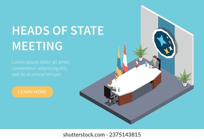 Heads of state meeting isometric web banner template with politicians having discussion at table vector illustration