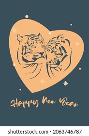 The heads of a tiger and a tigress in the form of a stencil on the background of a heart.A greeting card for the New Year. Vector illustration