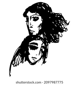 Heads of two embracing lovers. Hand drawn rough sketch. Black silhouette on white background.