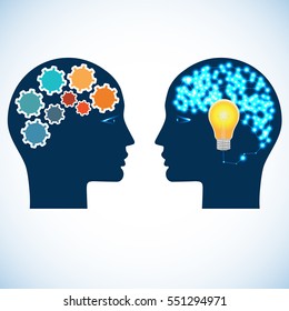 Heads of two people with gears, bulb and abstract brain for concept of idea and teamwork.