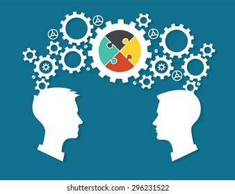 The heads of two people with gears and puzzles. The concept of teamwork. The idea to reach a solution. The file is saved in the version 10 EPS. This image contains transparency. 