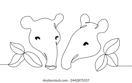 The heads of two tapirs are surrounded by leaves. Herbivores in natural habitat. World Tapir Day. Vector line illustration on a white background.