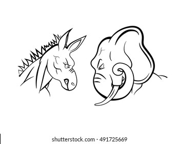 The heads of United States democratic and republican mascots one versus another head to head symbolize struggle between political parties 