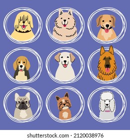 Heads Of Various Dog Breeds Cartoon Color Illustration On White Background