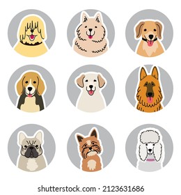 Heads Of Various Dog Breeds Cartoon Color Illustration On White Background