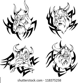 Heads of vikings. Set of tribal black and white vector illustrations.