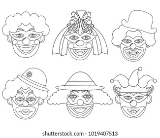 Clown’s  heads in white and black colors, set. Vector illustration.