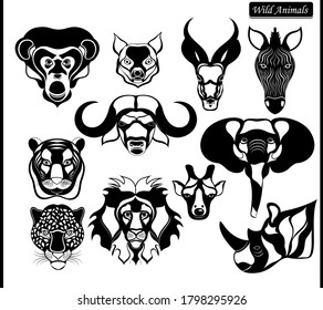 Heads of wild beasts. Animals of Africa in black and white colors.