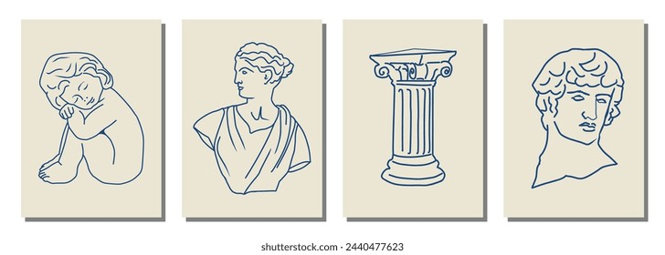 Heads of woman, knight, horse. Branch, amphora, hand. Mythical, ancient Greek style.Various Antique statues.  Hand-drawn Vector illustration. Classic statues in modern style. All elements are isolated