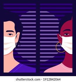 The heads of woman and man with medical face masks. Date and the epidemic. Coronavirus. Love in the distance. Family relationships. Vector flat illustration