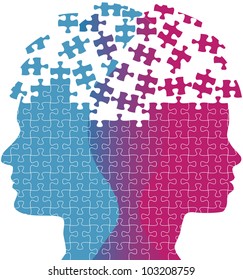 Heads of a woman and man symbol of couple love thought puzzle