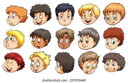 Heads of young boys with different facial expressions on a white background