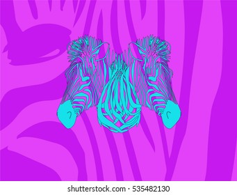 The heads of a zebra.Zebra portrait for card, placard, invitation, poster, notebook, sketch book.