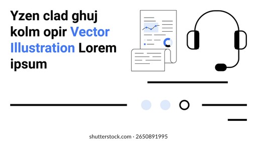 Headset, gráficos analíticos, espaços reservados para texto, elementos de design simples, aparência profissional. Ideal para análises comerciais, suporte ao cliente, sites corporativos, suporte técnico, páginas iniciais