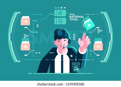 Headset businessman put in order screen interface. Man touching folder and moving in recycle bin. Flat. Vector illustration. - Powered by Shutterstock - Get 15% off with code: PIKWIZARD15
