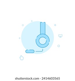Headset, call center vector icon. Flat illustration. Filled line style. Blue monochrome design. Editable stroke. Adjust line weight.
