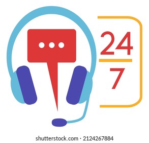 Headset with chat message sign. 24 hours hotline. Customer service icon