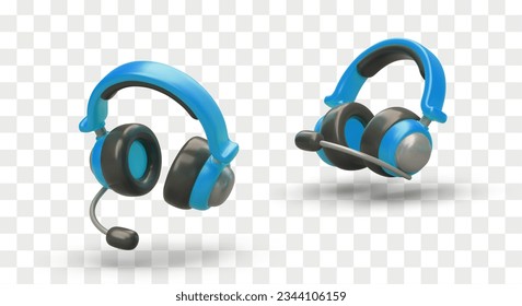 Headset concept. Realistic 3d headphones with microphone. Microphone headset for gamers or workers. Listening music and talking through microphone. Vector illustration in blue colors