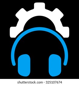Headset Configuration vector icon. Style is bicolor flat symbol, blue and white colors, rounded angles, black background.