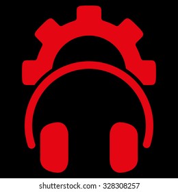 Headset Configuration vector icon. Style is flat symbol, red color, rounded angles, black background.