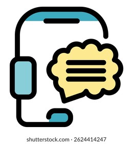 Headset connected to a smartphone displaying a chat bubble, representing online support, customer service, and communication