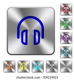 Headset engraved icons on rounded square glossy steel buttons
