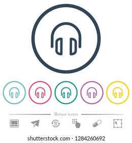 Headset flat color icons in round outlines. 6 bonus icons included.
