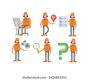 headset girl and staff girl in various poses vector set