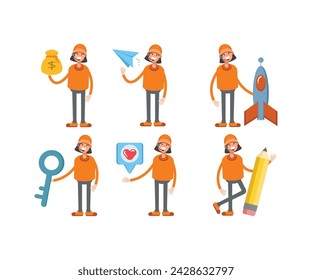 headset girl and staff girl in various poses vector set