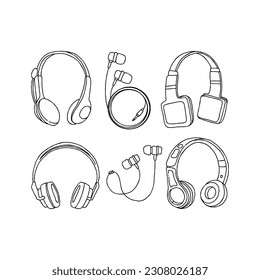 conjunto de vectores de ilustración de doodle de la mano de auriculares con micrófono