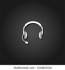 Headset, Headphones with microphone icon flat. Simple White pictogram on black background with shadow. Vector illustration symbol