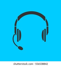 Headset, Headphones with microphone icon flat. Simple vector black pictogram on blue background