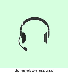 Headset, Headphones with microphone icon flat. Grey vector symbol on green background