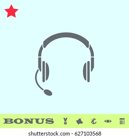 Headset, Headphones with microphone icon flat. Grey pictogram on blue background. Vector illustration symbol and bonus buttons medal, cow, earth, eye, calculator