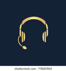 Headset, Headphones with microphone icon flat. Simple gold pictogram on dark background. Vector illustration symbol