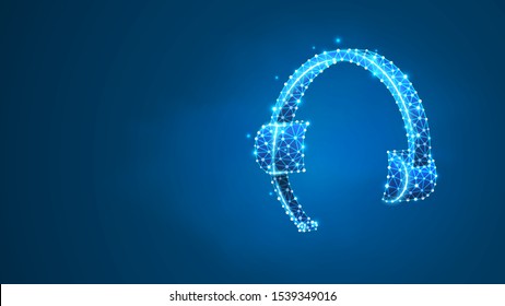 Headset. Headphones with microphone sign. Support, call center, customer service concept. Abstract, digital, wireframe, low poly mesh, vector blue neon 3d illustration. Line, dot